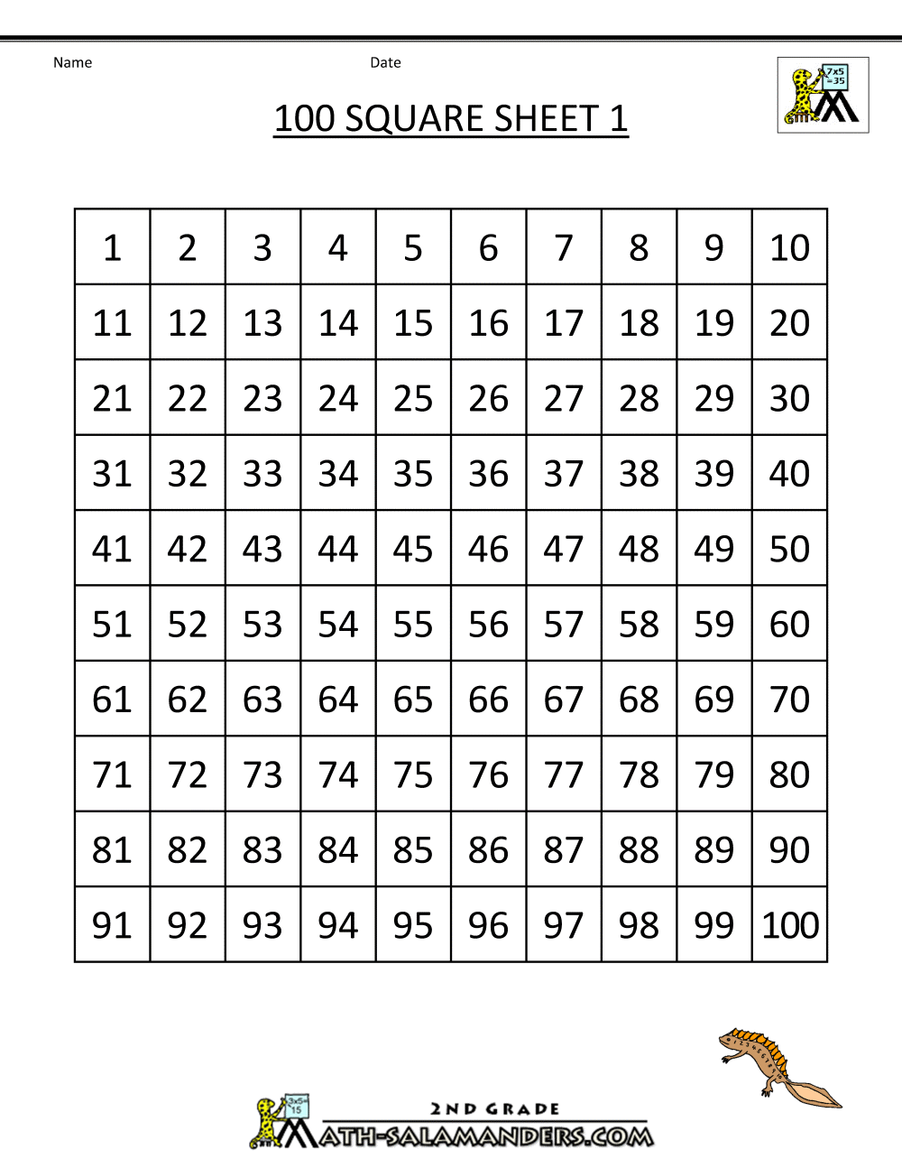 1 To 100 Number Square