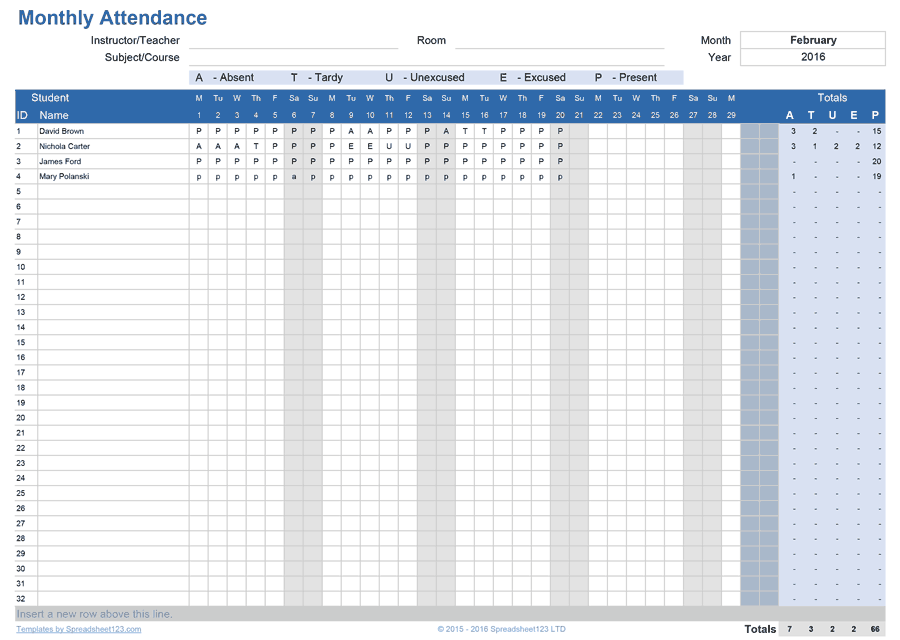 Printable Attendance Trackers for Excel