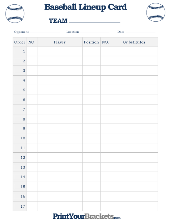 Printable Baseball Lineup Card   FREE