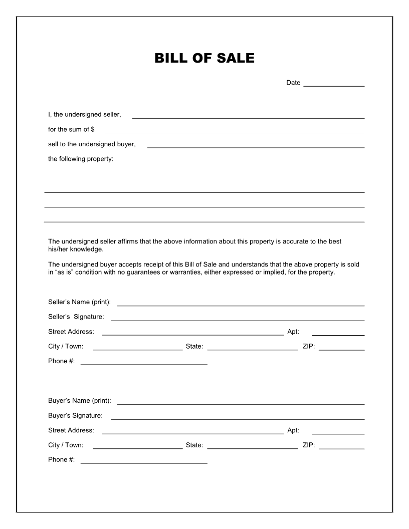 Free Printable Blank Bill of Sale Form Template   as is bill of 