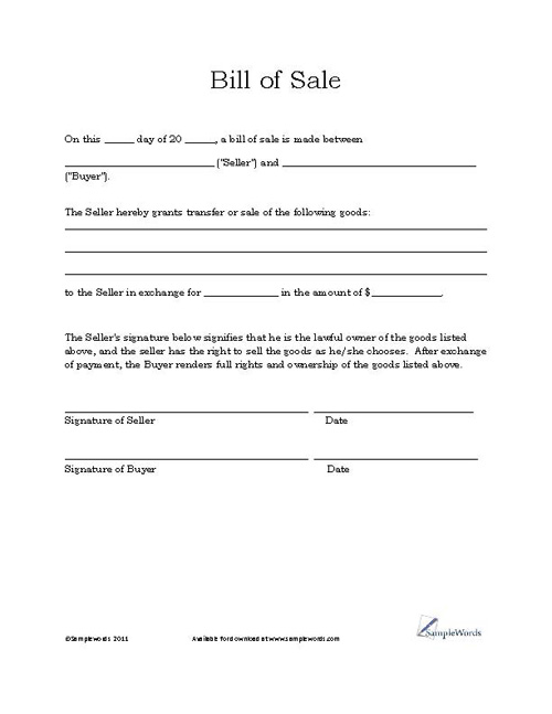 Blank Bill Of Sale Form