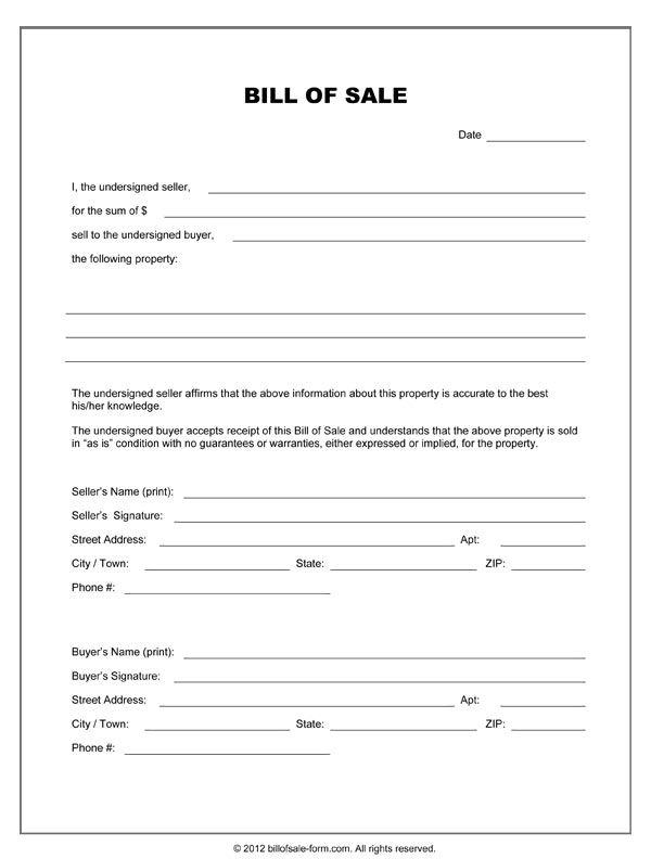 Blank Bill Of Sale Form