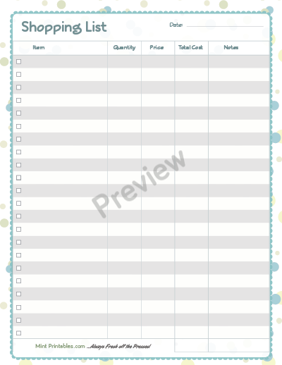 Printable Shopping List With Budget Planner & Notes