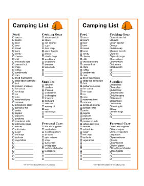 Printable Grocery List for Camping