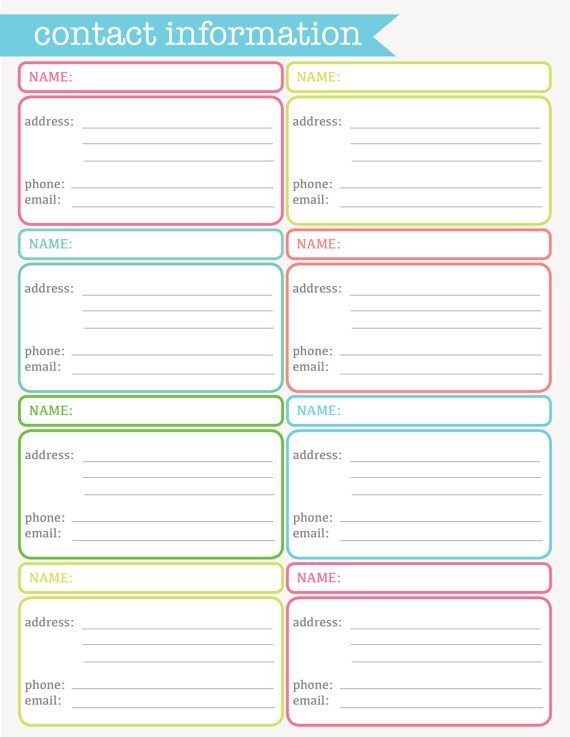 Contact Information Address Sheet Printable | Organization 