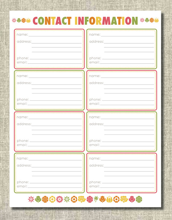 Printable Cancer Planner Contact Info Sheet