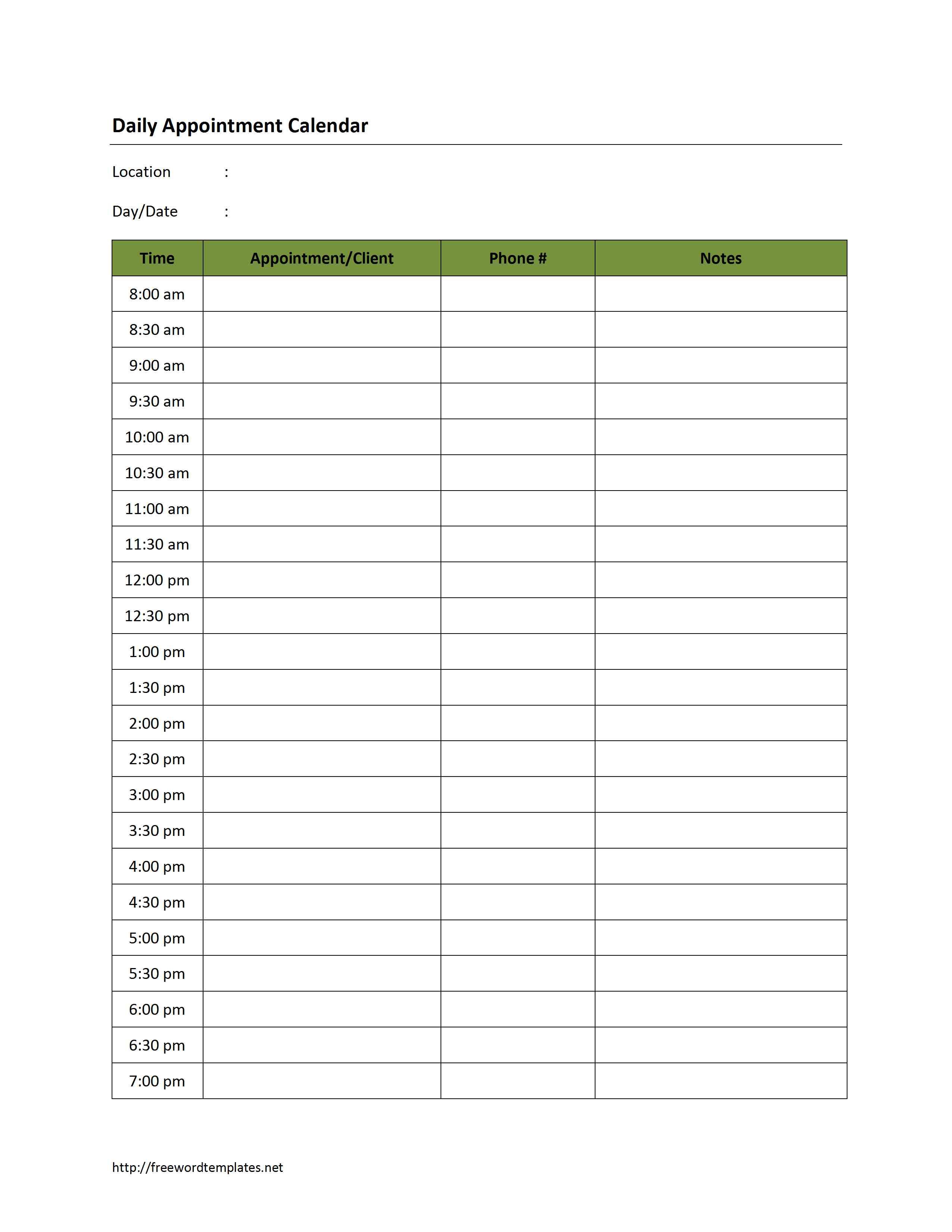 Free Printable Daily Appointment Template