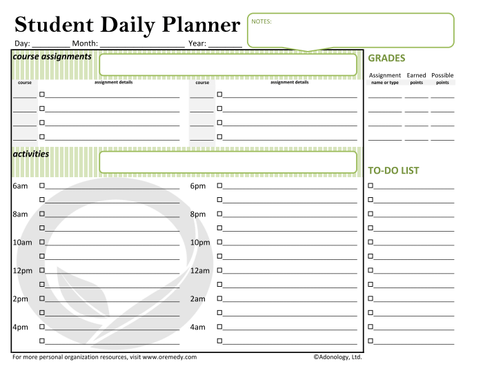 Student Daily Planner < School : Oremedy | Get Organized. Be 