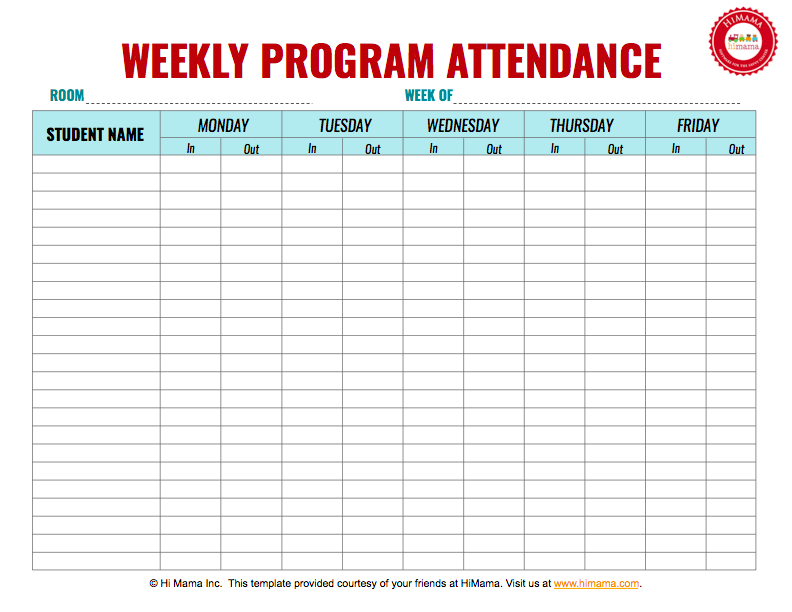 HiMama   Daycare Sign In Sheet Template: Child Care Attendance Form