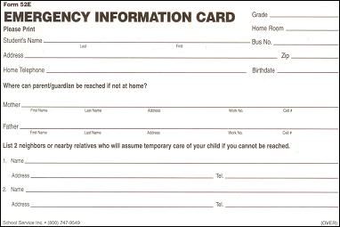 Printable Emergency Contact Cards | School Emergency Card Template 