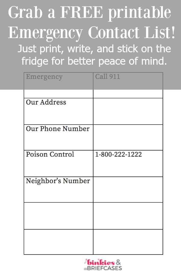 Free Printable Emergency Contact List • Binkies and Briefcases