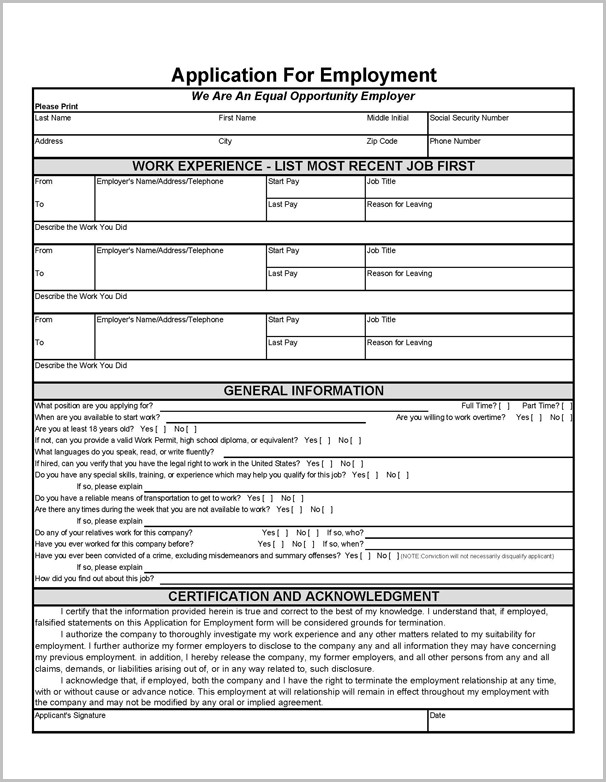 Free Printable Application For Employment Template Free Printable 