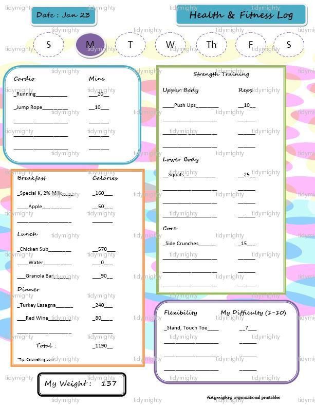 Health & Fitness Log / Calendar / Journal   Printable PDF (INSTANT 