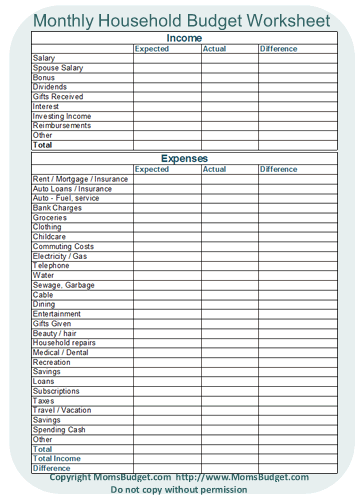 Monthly Household Budget Worksheet Printable   Free Worksheet 
