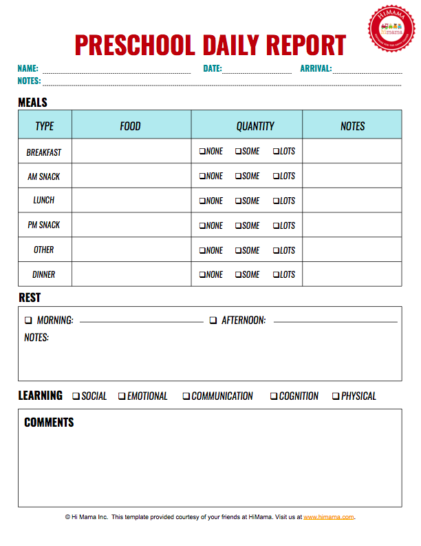 HiMama   Daycare Daily Sheets, Reports, Forms and Templates: Resources