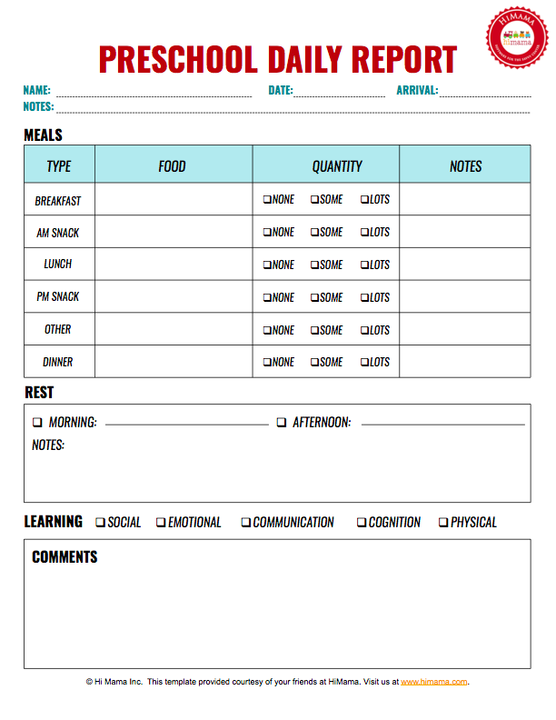 Preschool Daily Report Template Free