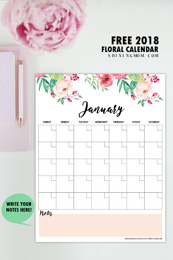 Free Printable 2018 Monthly Calendar and Planner in Florals 