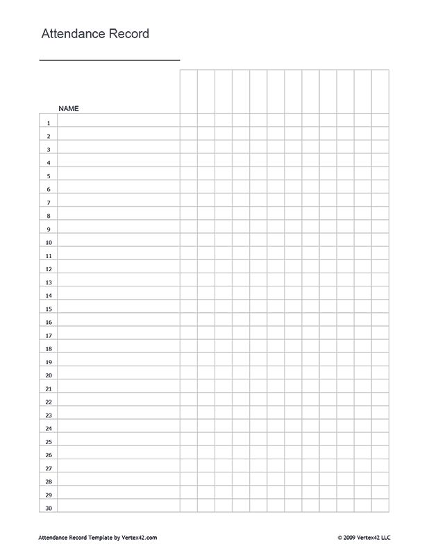 Attendance Record for Clubs, Church and Sunday School Attendance