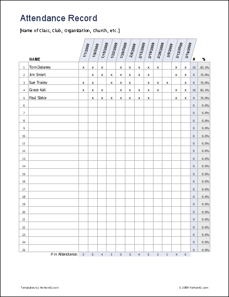 Free printable Attendance Record (PDF) from Vertex42.