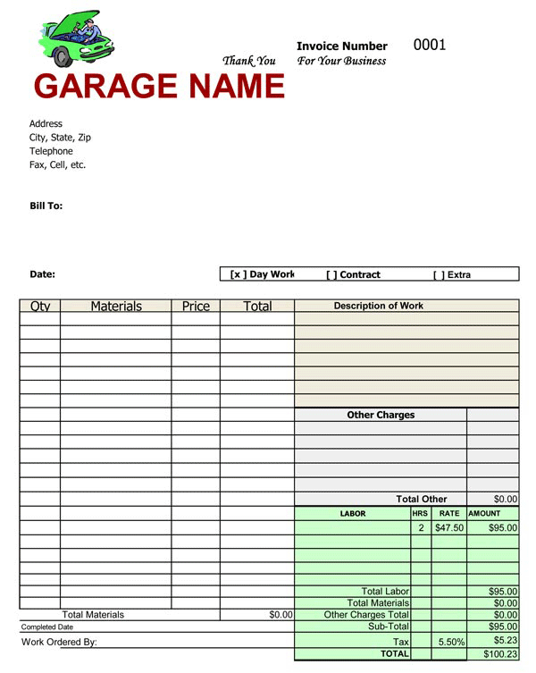 Free Auto Repair Invoice