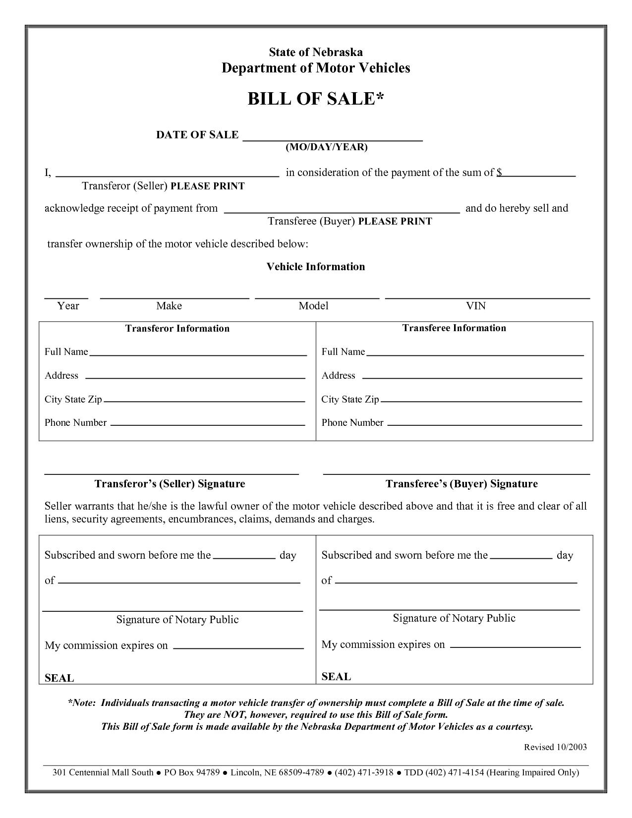 Free Printable Auto Bill of Sale Form (GENERIC)
