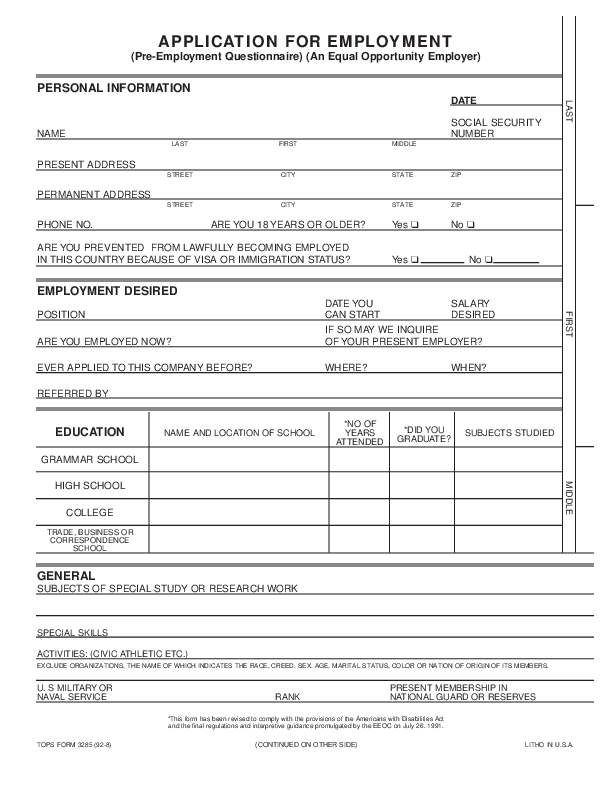 Work Application Forms Printable Printable Forms Free Online