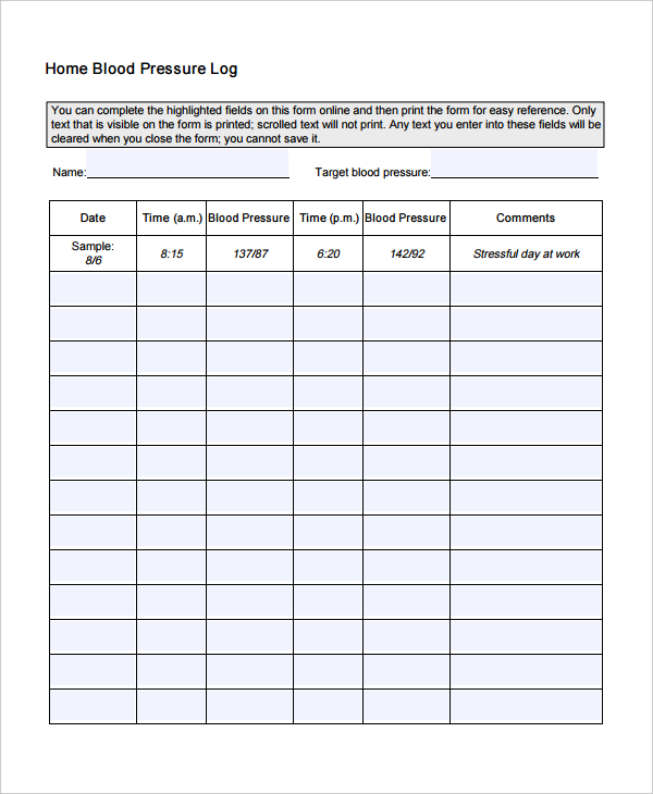 printable blood pressure chart log