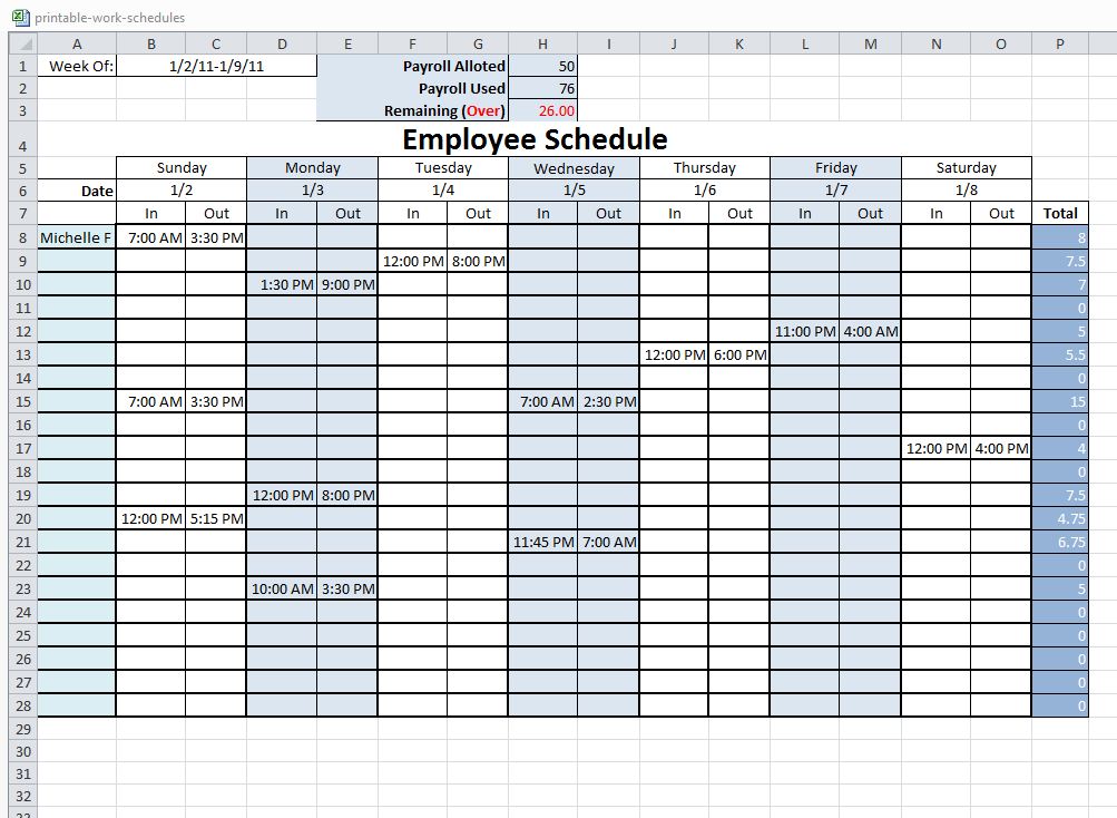 Free Printable Work Schedule | charlotte clergy coalition