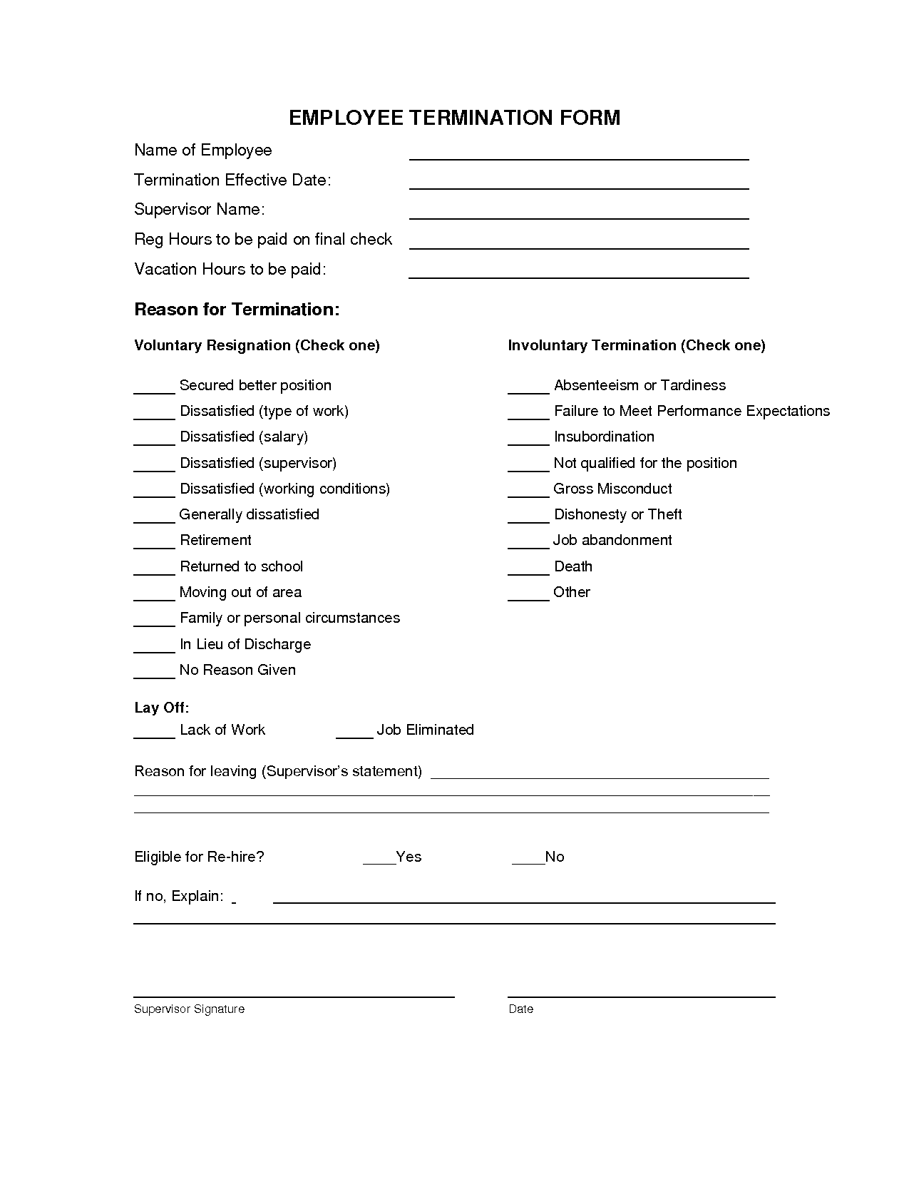 Free Printable Employee Termination Form shop fresh