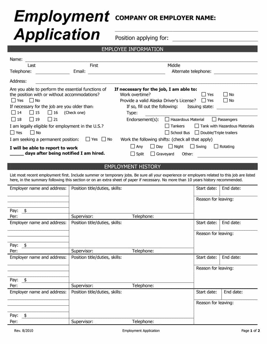 50 Free Employment / Job Application Form Templates [Printable 