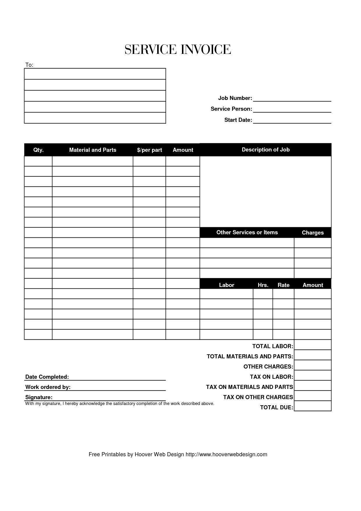 Hoover Receipts - Free Printable Service Invoice Template PDF