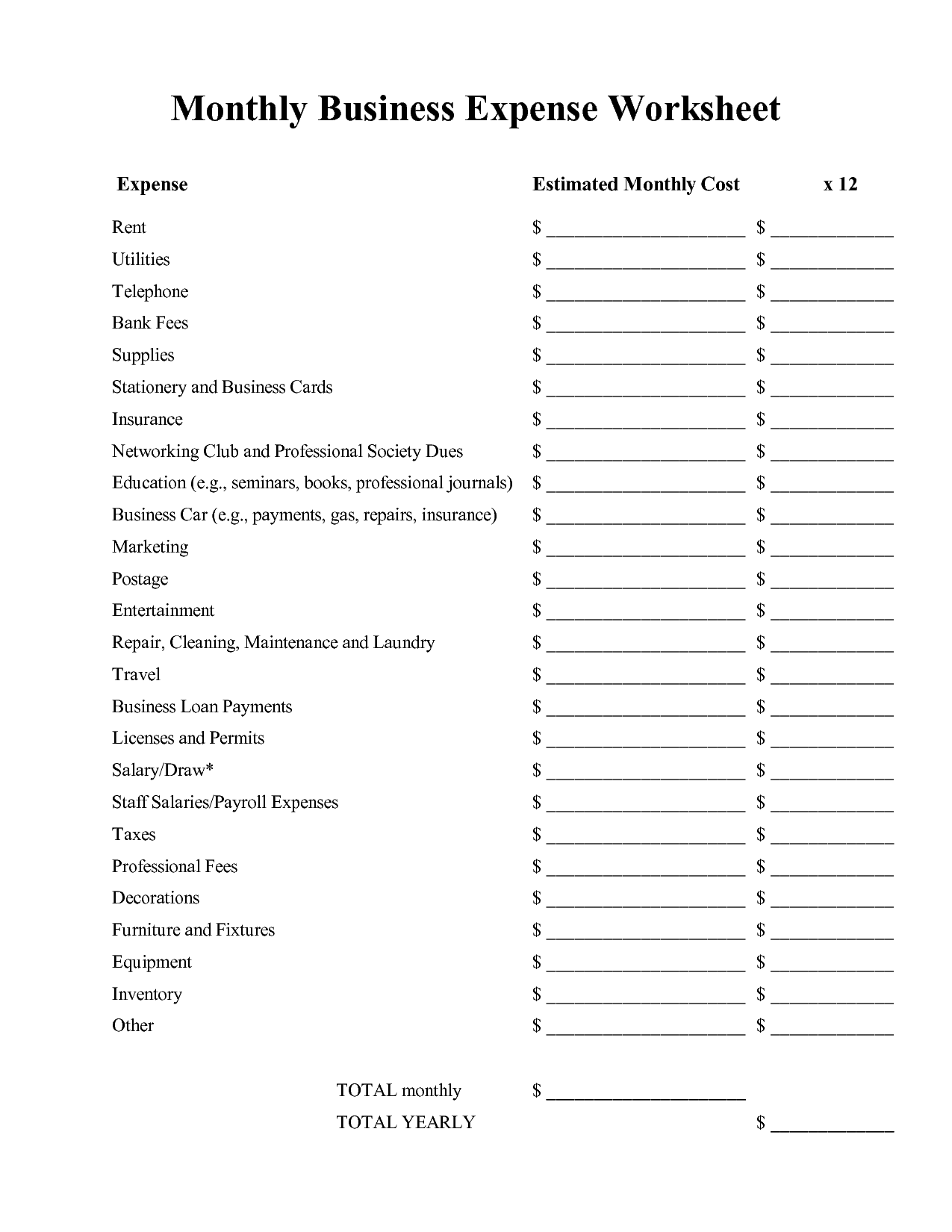 monthly business expense sheet free printable