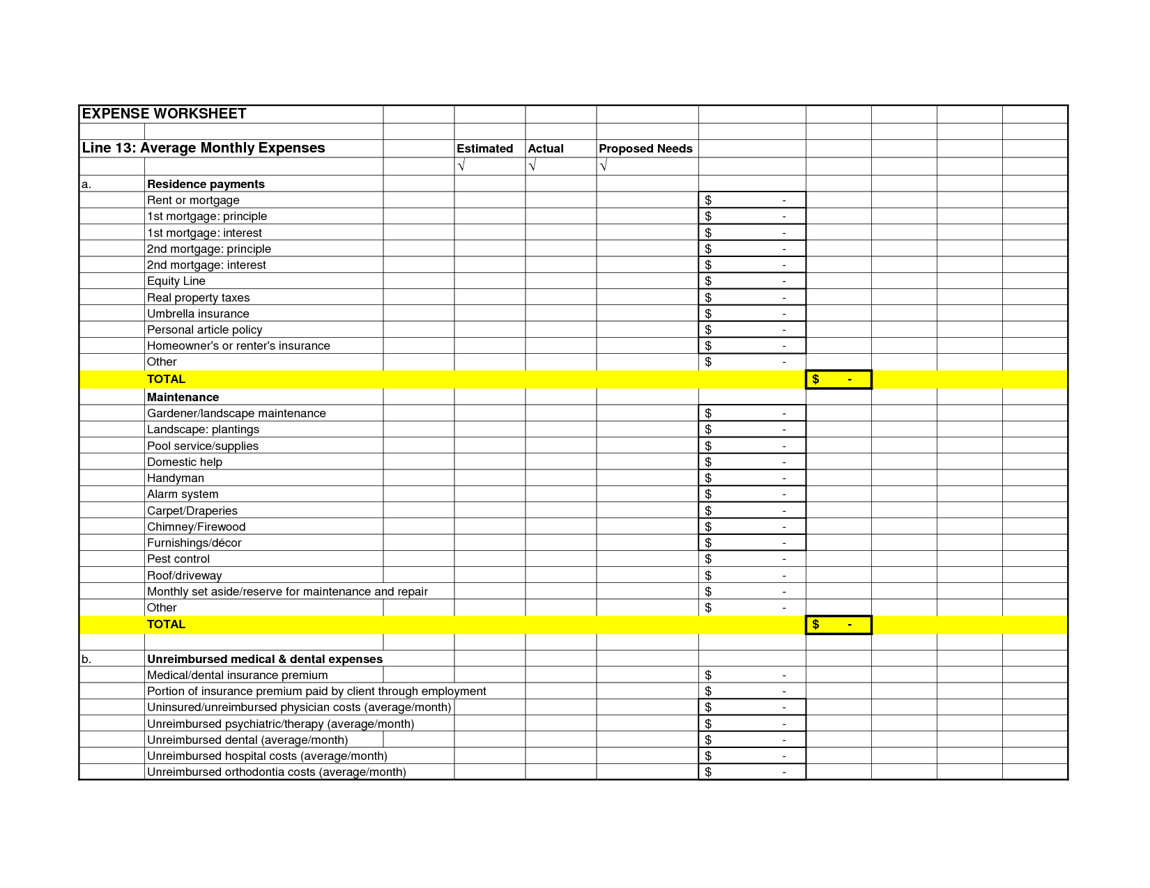 business monthly expense sheet free printable