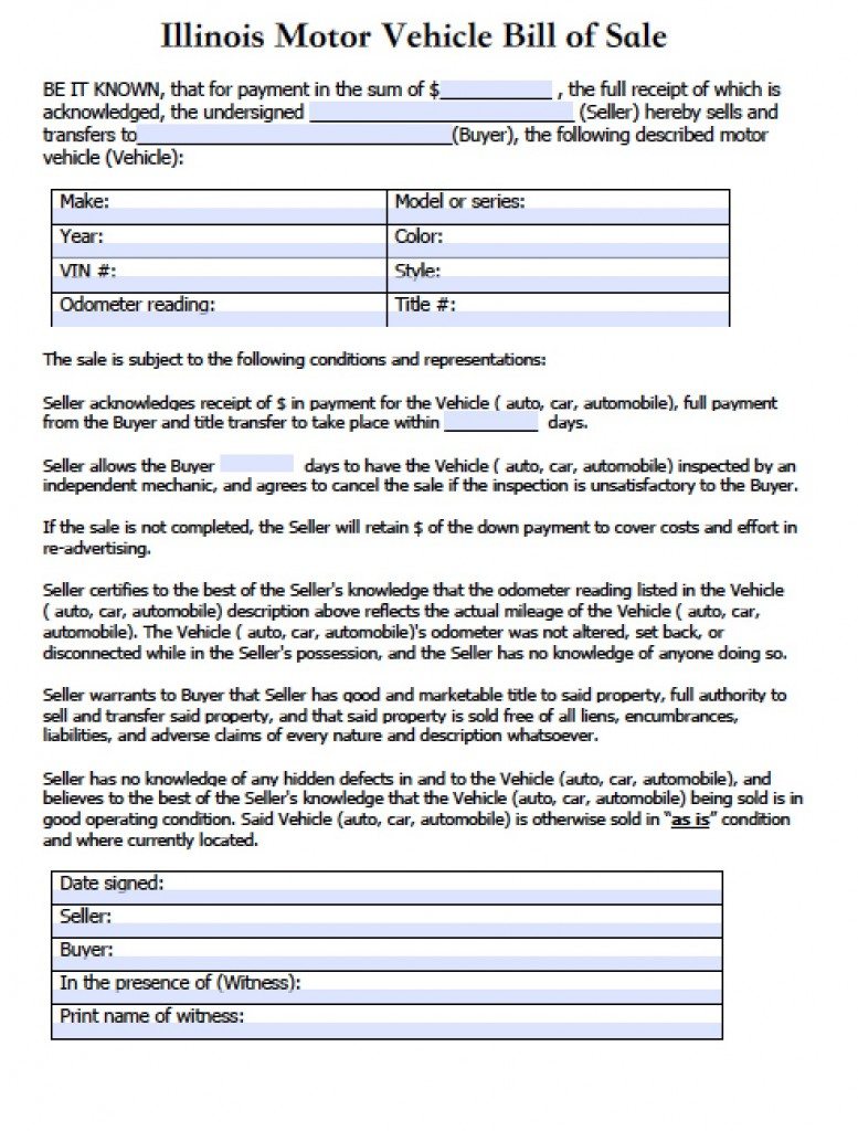 Free Illinois Motor Vehicle (Secretary of State) Bill of Sale Form 