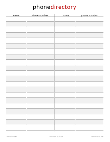 Phone Number List Printable