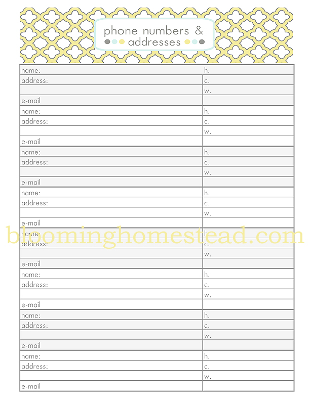 Contact Sheet Phone Numbers & Addresses free printable 
