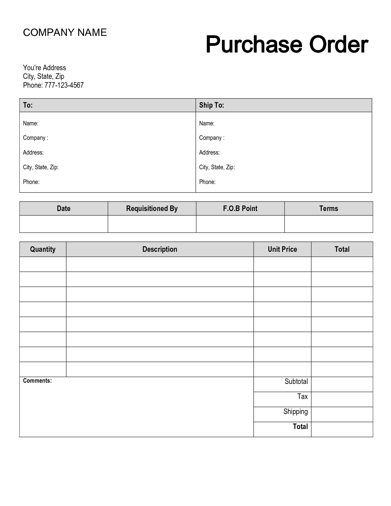 Blank Purchase Order Form Free Download