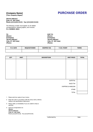 Purchase order template   free printable blank purchase order 
