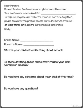 Preconference Form for Parent Teacher Conferences FREE PRINTABLE