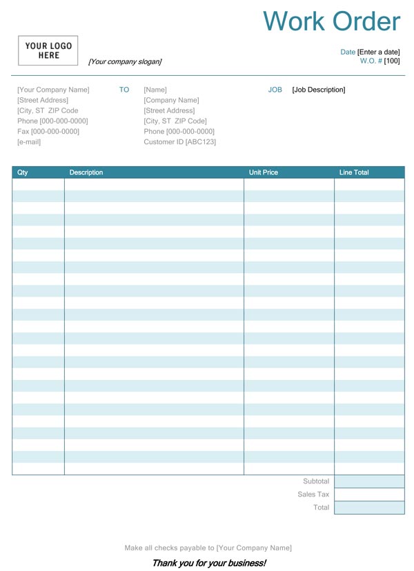 Free Printable Work Order Invoice Shop Fresh