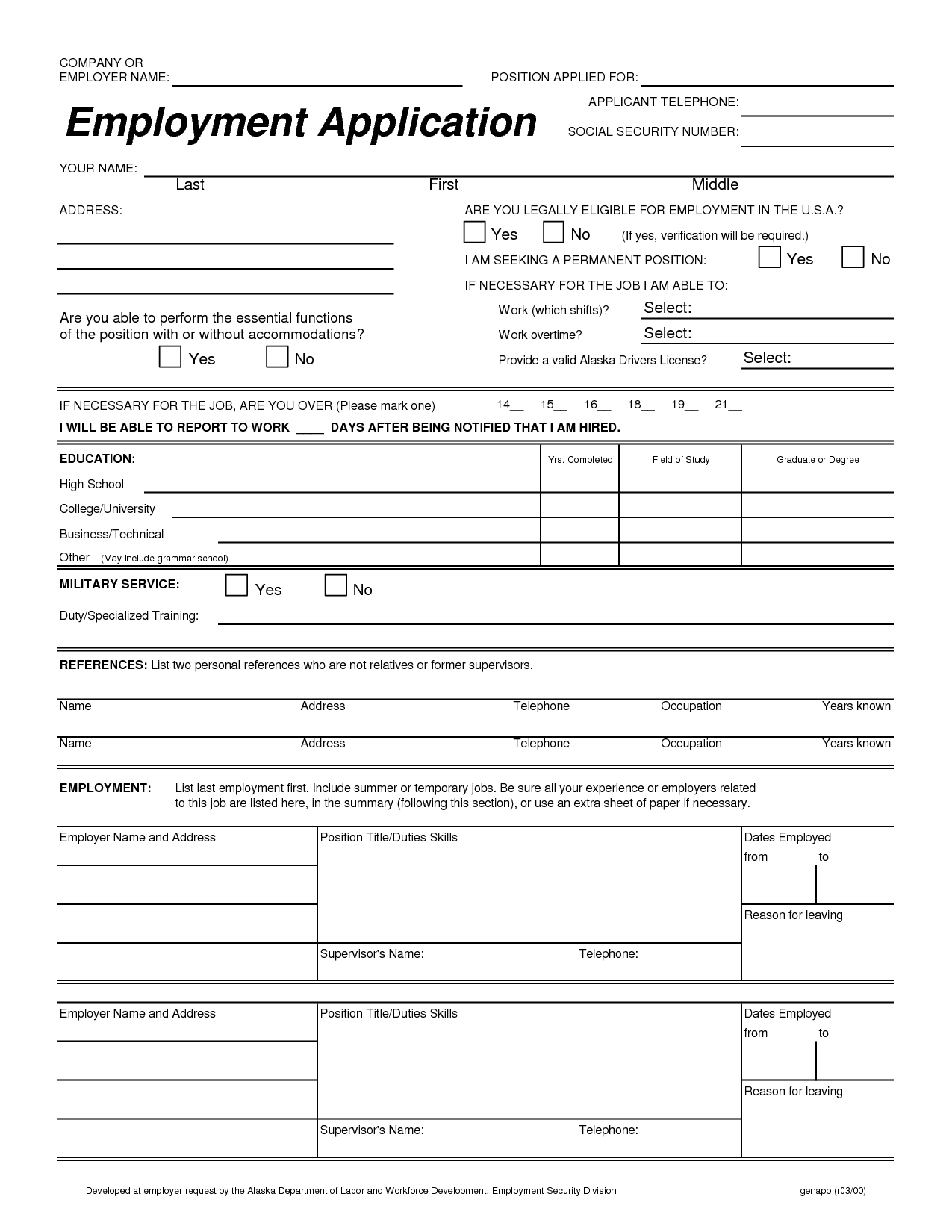 printable blank employment application   zrom.tk