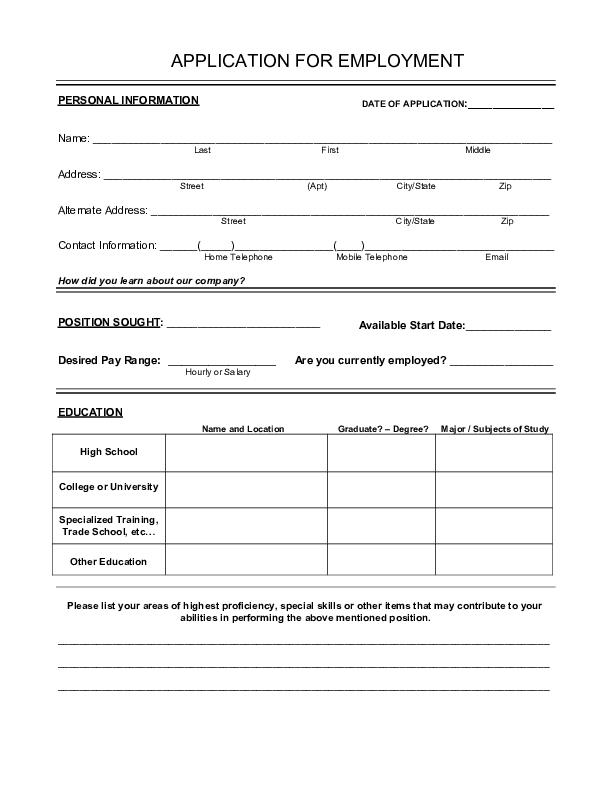 Image of a General Employment Application Printable