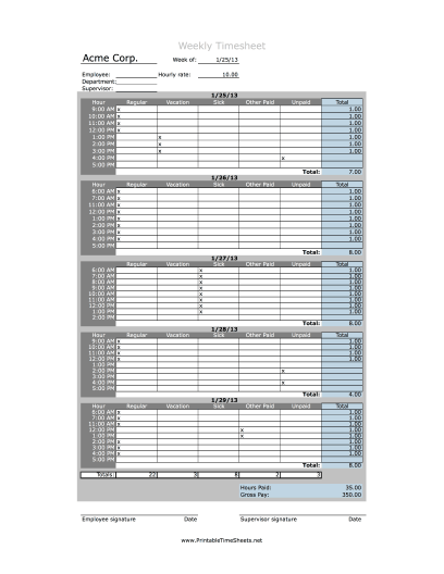 Hourly Timesheet Weekly Printable Time Sheet