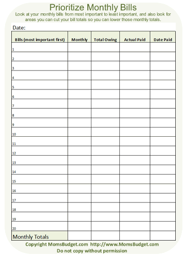 Prioritize Monthly Bills Worksheet Printable   Free Worksheet