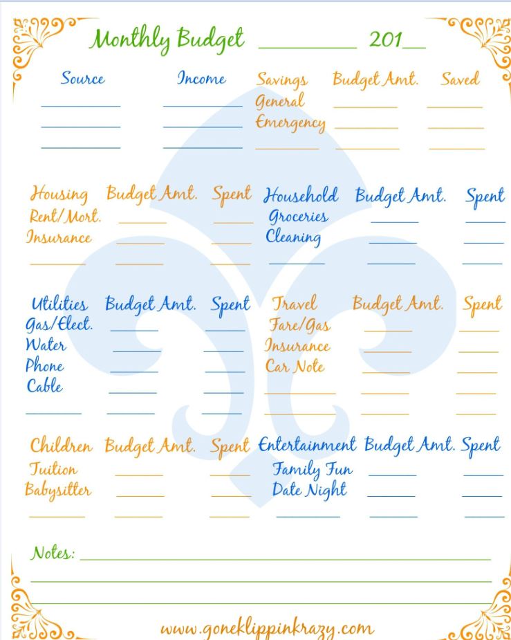 Monthly Budget Chart Printable