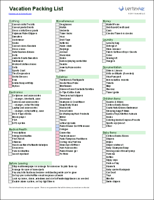 Free Packing List Template for Vacation, Travel or College