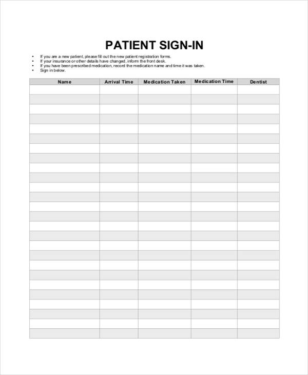 Free printable Patient Sign In Sheet (PDF) from Vertex42.