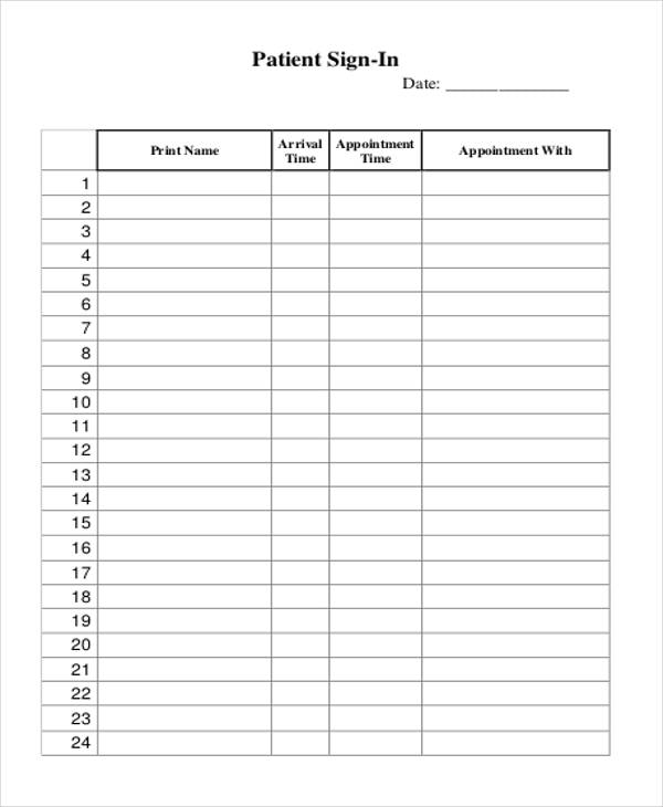 Printable Patient Sign In