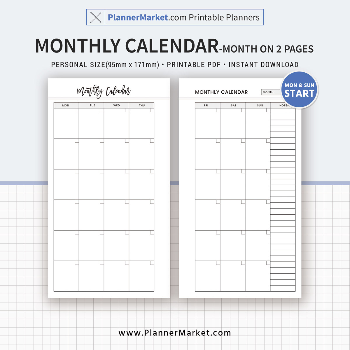 Monthly Calendar, Month On 2 Pages, 2018 Planner, Personal Size 