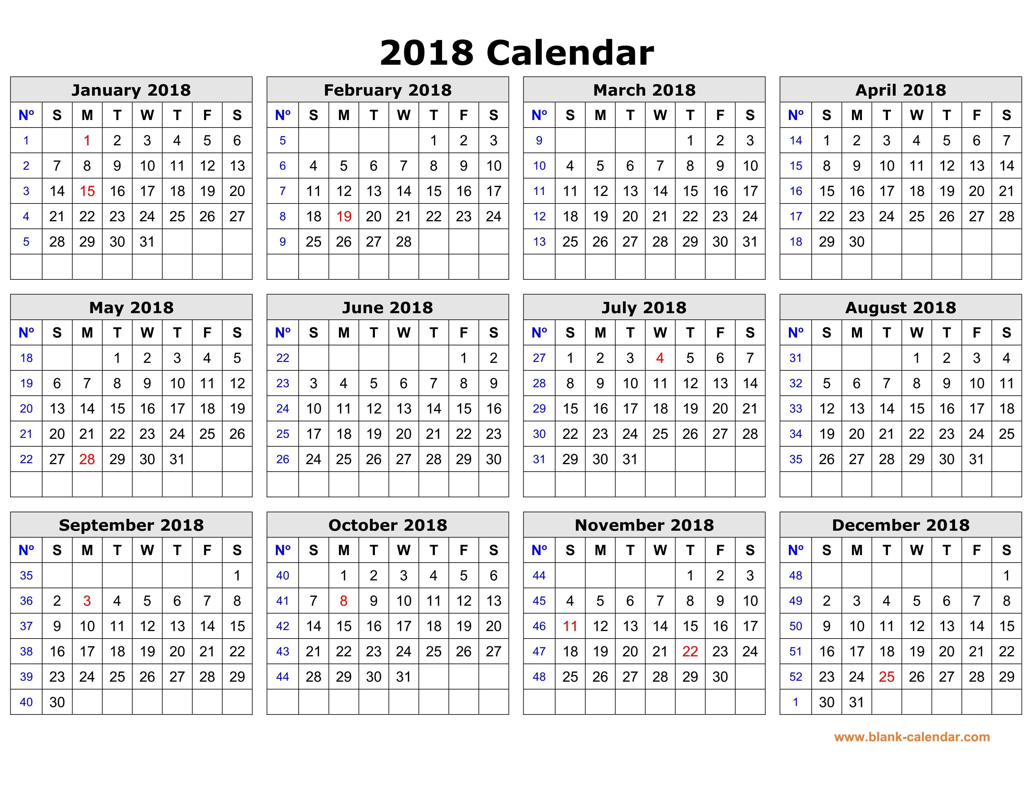 Free Download Printable Calendar 2018 in one page, clean design.